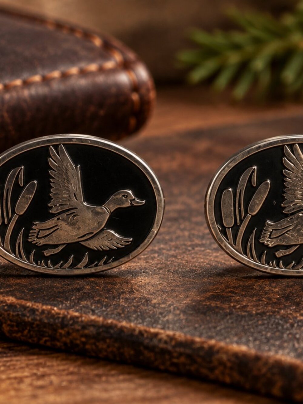 Vintage Duck in Flight Cufflinks – Oval Silver Tone & Black Enamel – Wildlife Hu